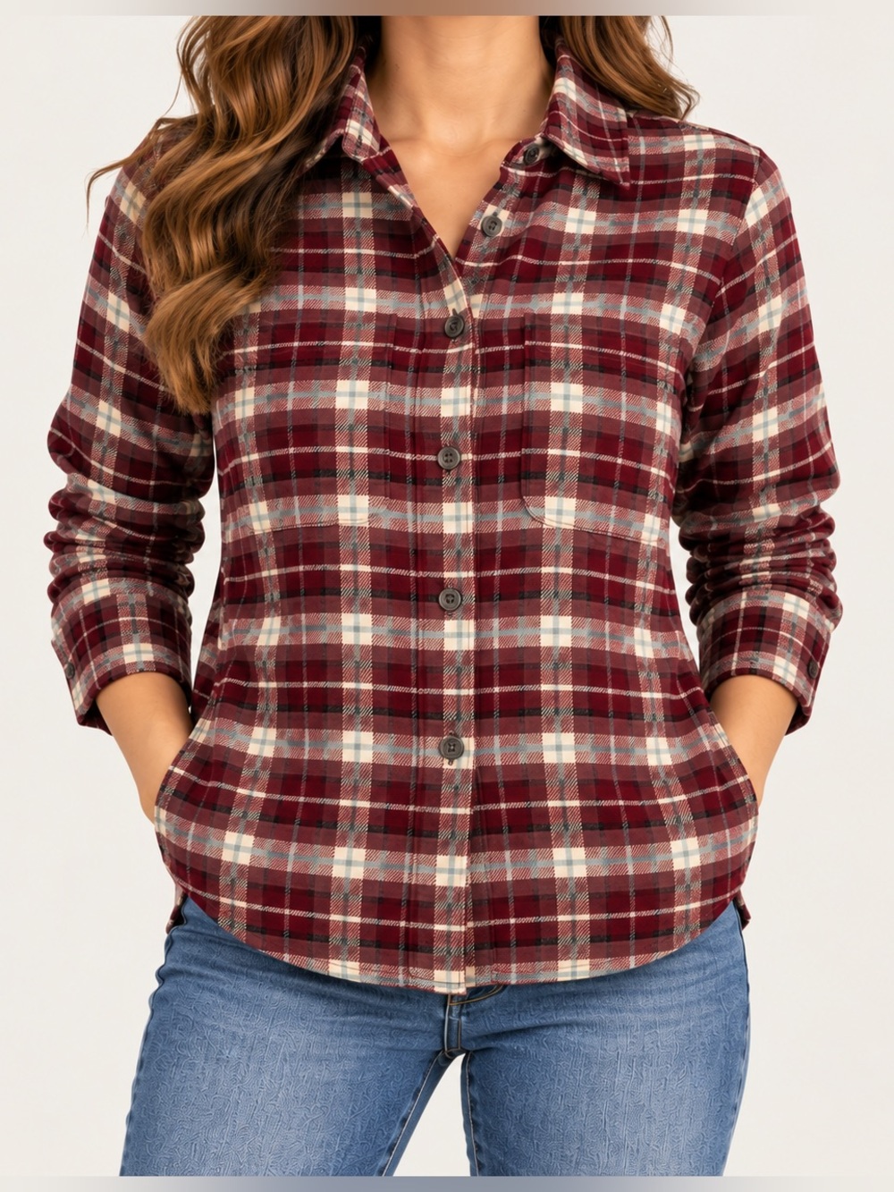 Madewell Burgundy and Cream Plaid Button-Down Long Sleeves Shirt XXS